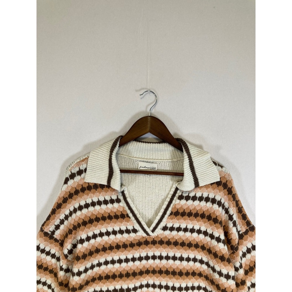Retro Boho Freshman 1996 Womens Large Brown Striped Collared V-Neck Knit Sweater - Picture 7 of 10